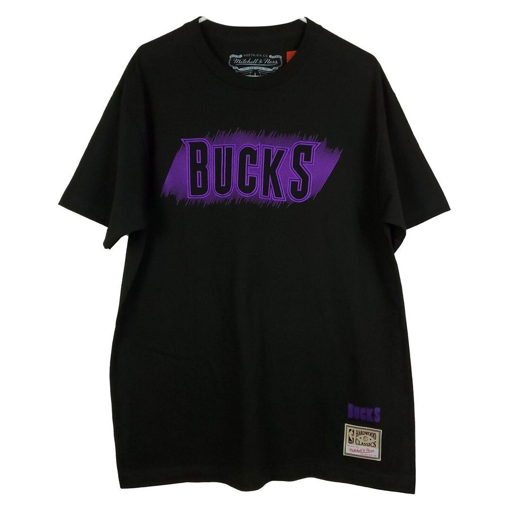 Milwaukee Bucks Mitchell & Ness NBA Large Shirt Puff Print Logo‎ Black Tee NWT